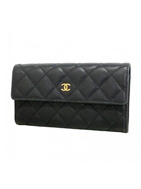 Chanel Wallet Quilted Caviar Leather Black Gold